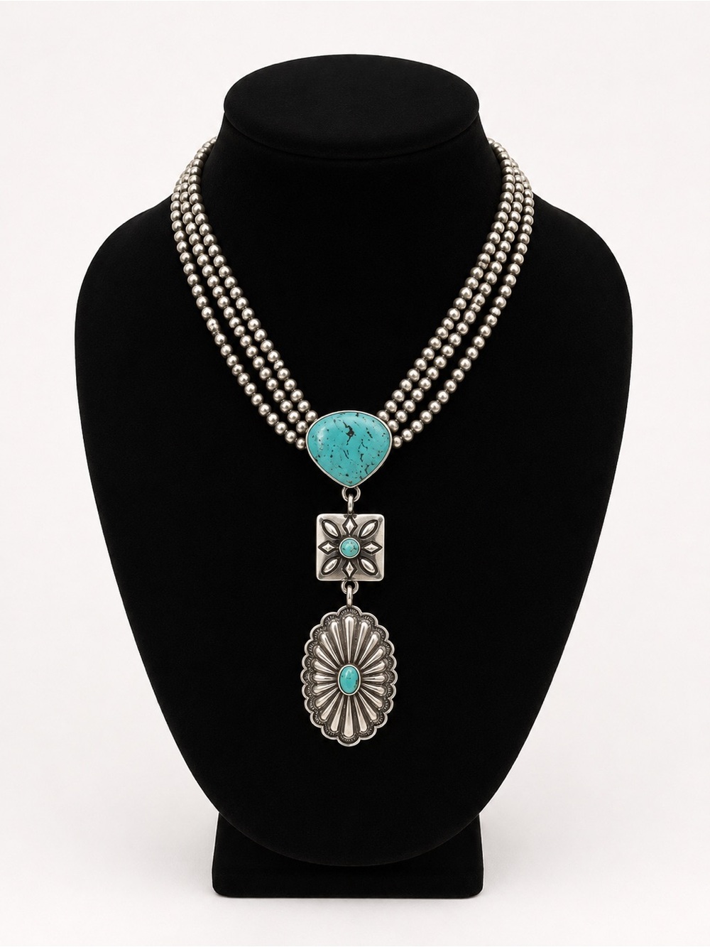 Silver tone Triple-Strand Necklace with Turquoise color Pendants - Women Jewelry